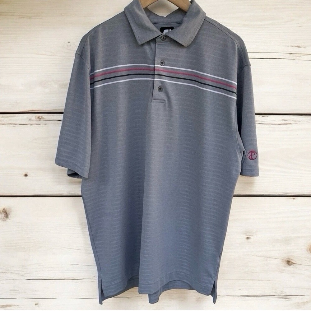 FootJoy FJ‎ Shirt Mens Polo Gray Pink Striped Short Sleeve Golf Size Large Logo